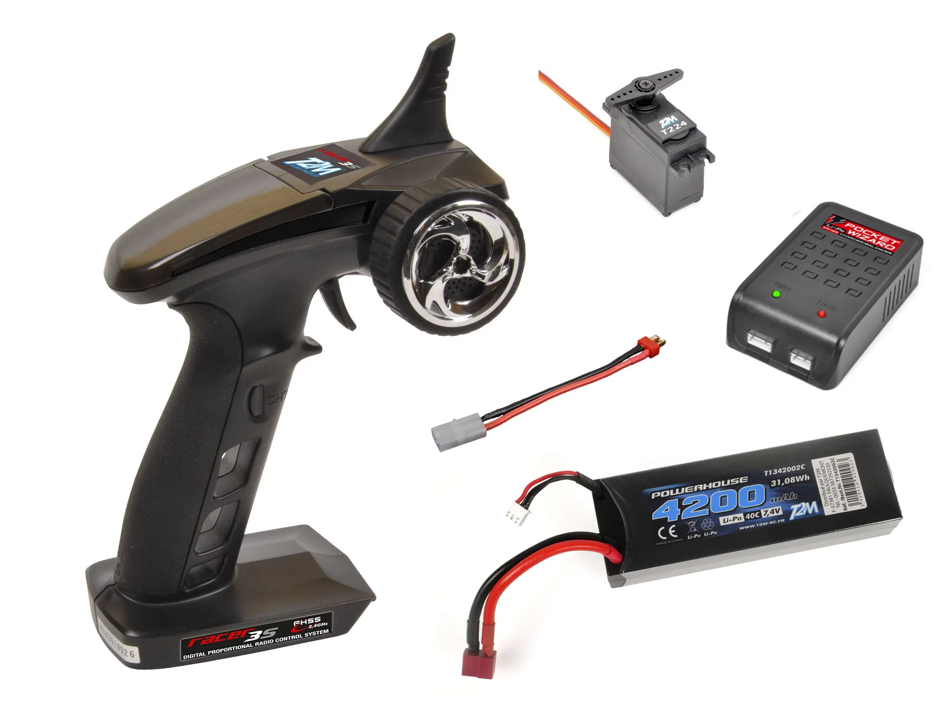 T2M Pack Radio Racer 3S + Chargeur + Lipo 2S 4200mAh + Servo T224 T4618L1
